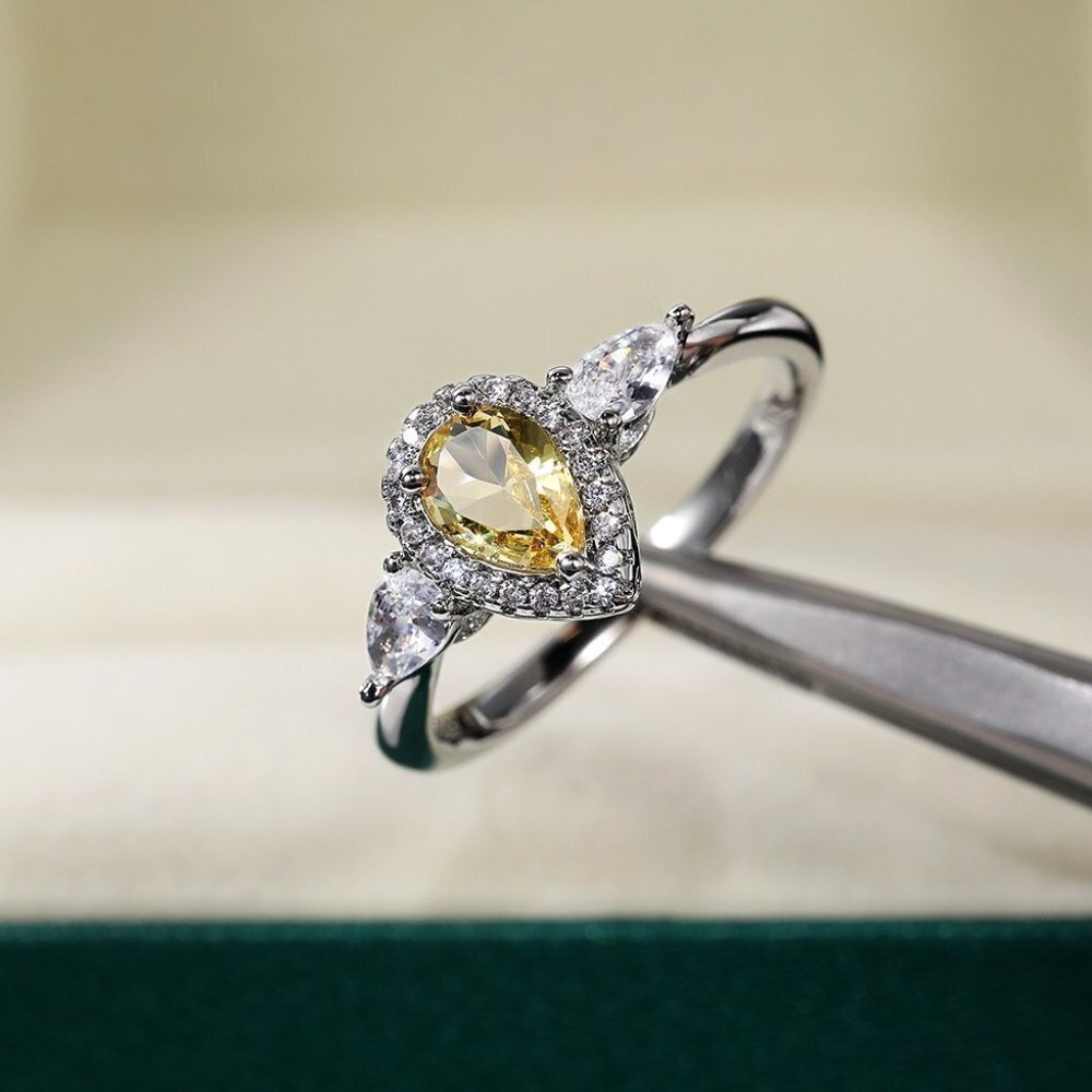 😍925 Silver Yellow Water Drop Romantic Crystal Diamond Ring for Women, K778 - Picture 8 of 10